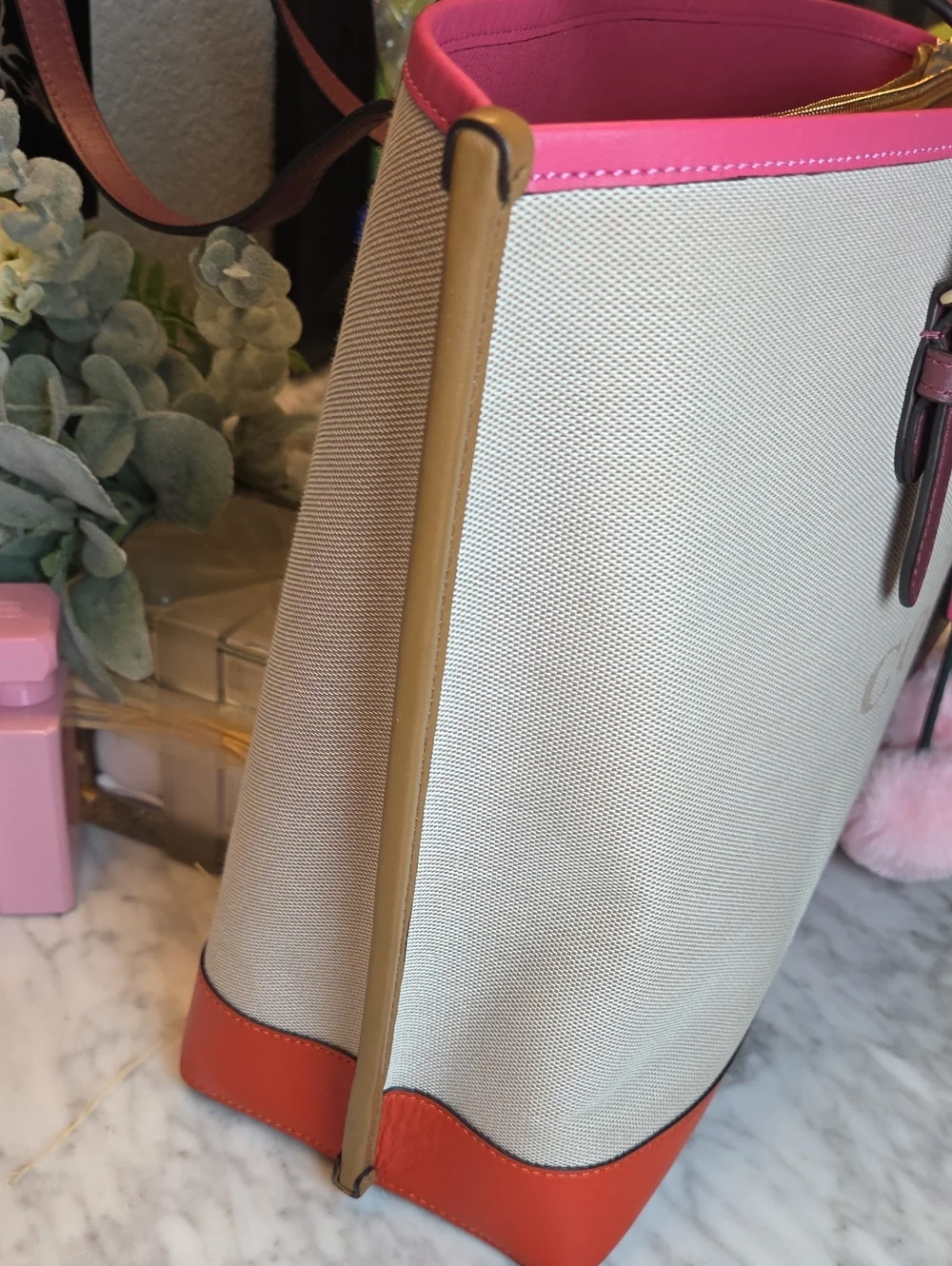 EUC 2021 Coach Molly Canvas Tote with Pink Trim and Burgundy Straps & Card Case